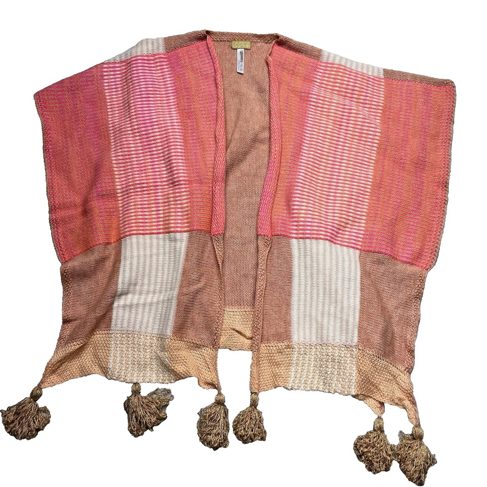 Caroline Kaufman Open Front Knit Poncho Cape Tassel‎ Trim Cottage Boho
